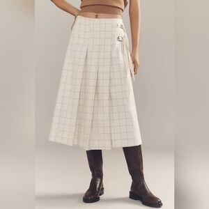 Anthropologie Off White Cream Pleated Wrapped Culotte Pants Checkered